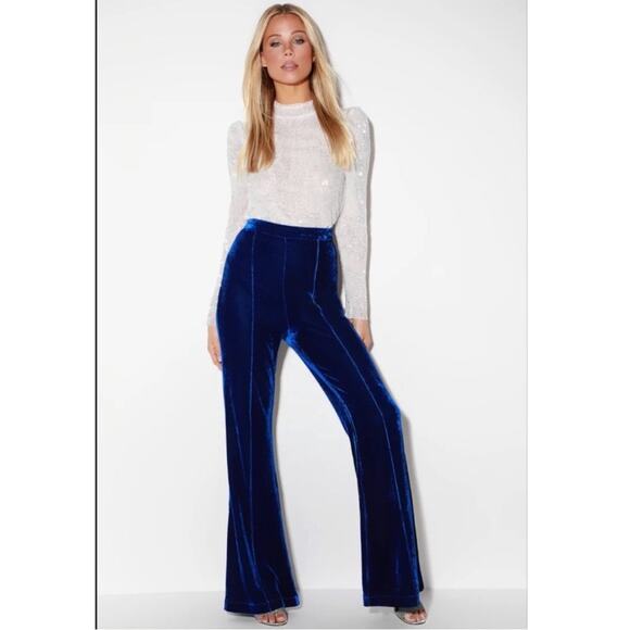 Lulu's Pants - Lulu’s High Waisted Blue Velvet Flare Pants XS
